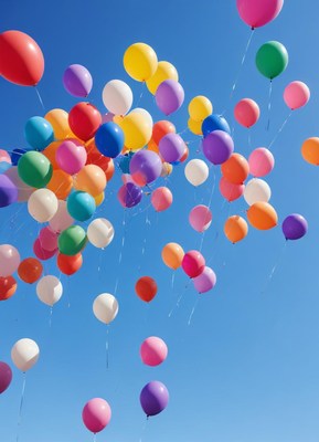 Colorful balloons floating in bright sky