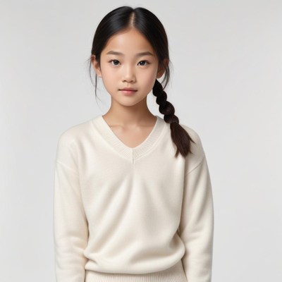 Young girl in light sweater poses quietly