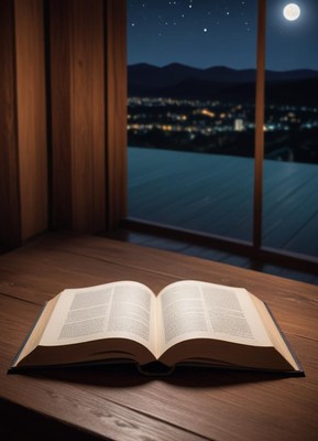 Open book by moonlit window