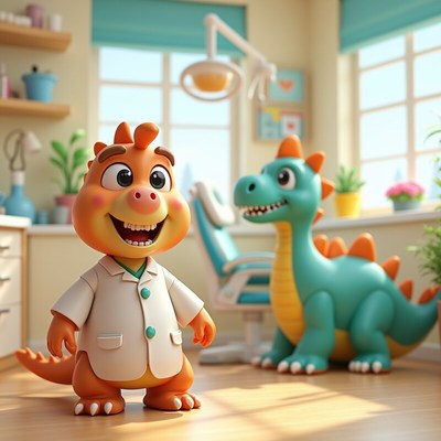 Happy dinosaur in dental office