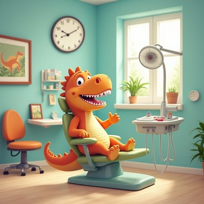 Friendly dinosaur in dental office