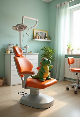 Dental chair with playful dinosaur toy