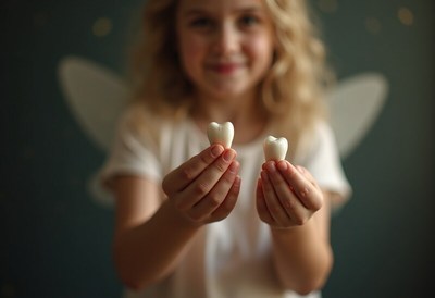 Child holding lost teeth joyfully