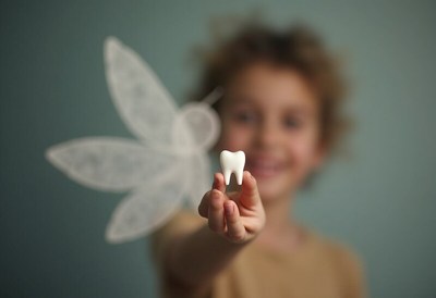 Child holding tooth with fairy wings