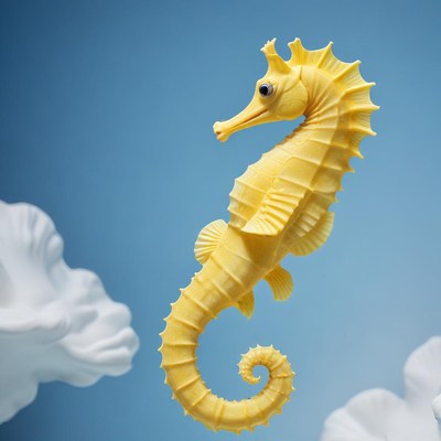 Yellow seahorse swimming in clouds