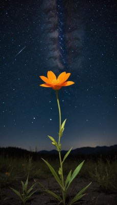 Bright flower under starry sky at night