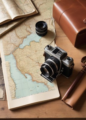 Vintage camera and travel maps setup