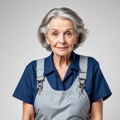 Older woman wearing gray apron