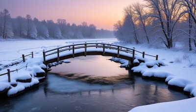Snowy bridge at sunset