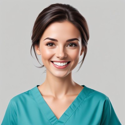Smiling health professional in teal scrubs