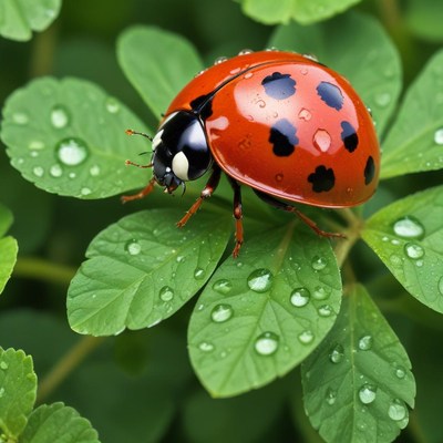 Ladybug on green leaves with water droplets