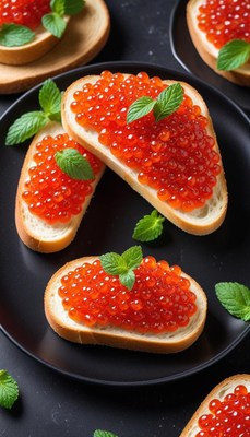 Fresh bread topped with red caviar
