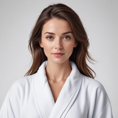 Woman in bathrobe looking serene