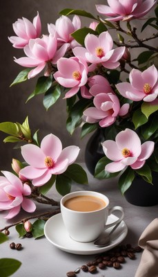 Coffee and blossoms on a table