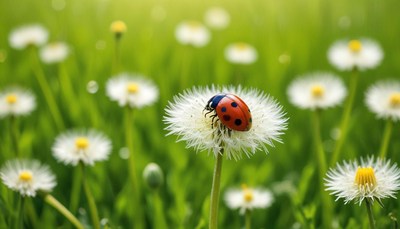 Ladybug on dandelion in spring