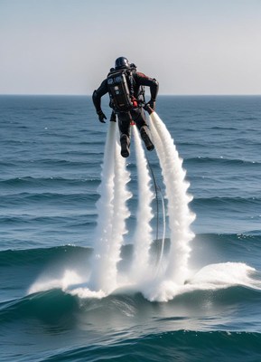 Jetpack flying above ocean waves