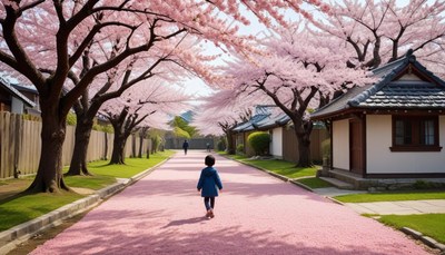 Child walking under cherry blossoms