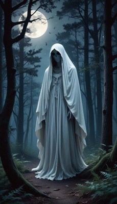 Mysterious figure in moonlit forest