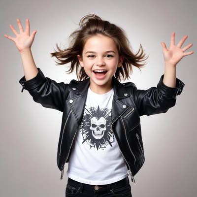 Girl in leather jacket expressing joy