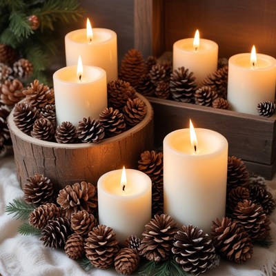 Cozy candle arrangement with pinecones