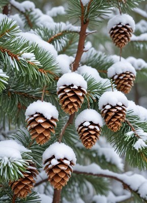 Snowy pine cones on branches