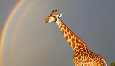 Giraffe standing under a rainbow
