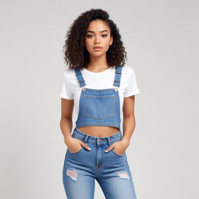 Young woman in denim overalls posing confidently
