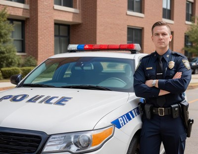 Police officer at patrol vehicle