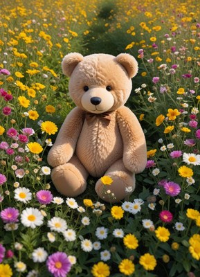 Teddy bear in a flower field