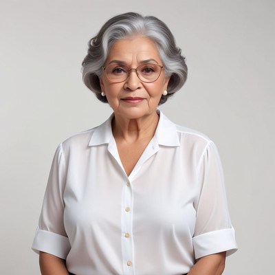 Elderly woman posing in white shirt