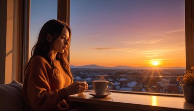 Enjoying a warm drink at sunset