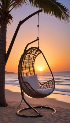 Sunset on the beach with hanging chair
