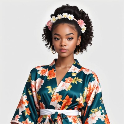 Model in elegant floral kimono