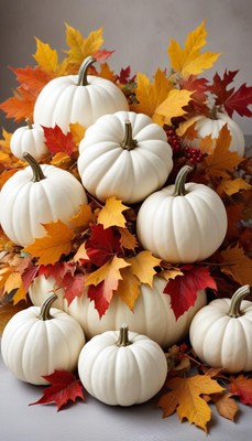 White pumpkins with autumn leaves display