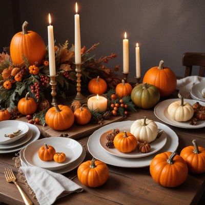 Autumn harvest table setting with pumpkins