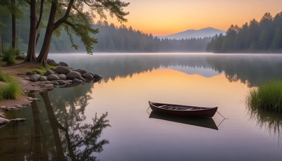 Serene sunrise over calm lake