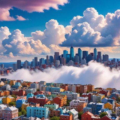 City skyline under dramatic clouds