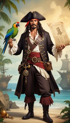 Pirate with parrot on beach