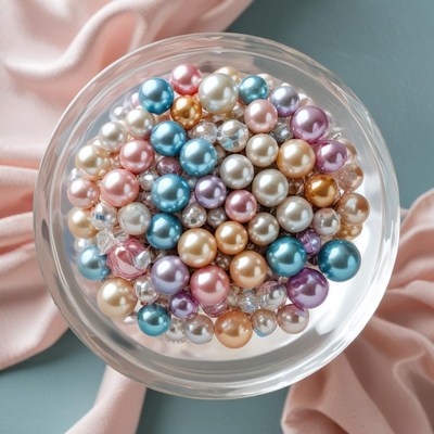 Colorful beads in a glass bowl