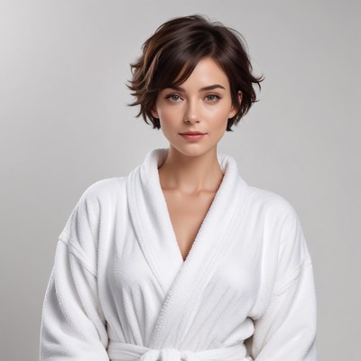Woman in white robe posing calmly