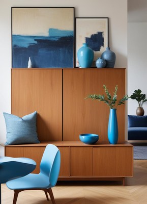 Modern living room decor with blue accents
