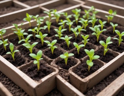 Fresh seedlings growing in trays
