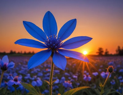 Sunset over blue flowers in the field