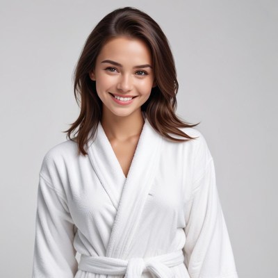 Smiling woman in white robe