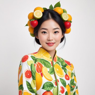 Woman in fruit-inspired headpiece
