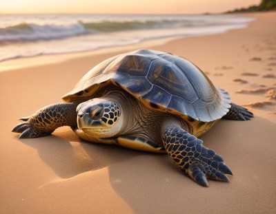 Turtle resting on sandy shore