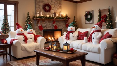 Cozy winter living room setting with snowmen