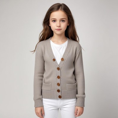 Child modeling soft cardigan in studio