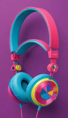 Brightly colored headphones on purple background