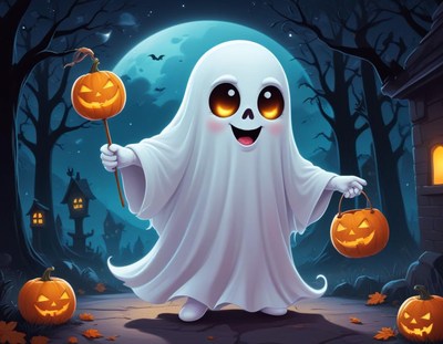 Friendly ghost celebrating halloween night